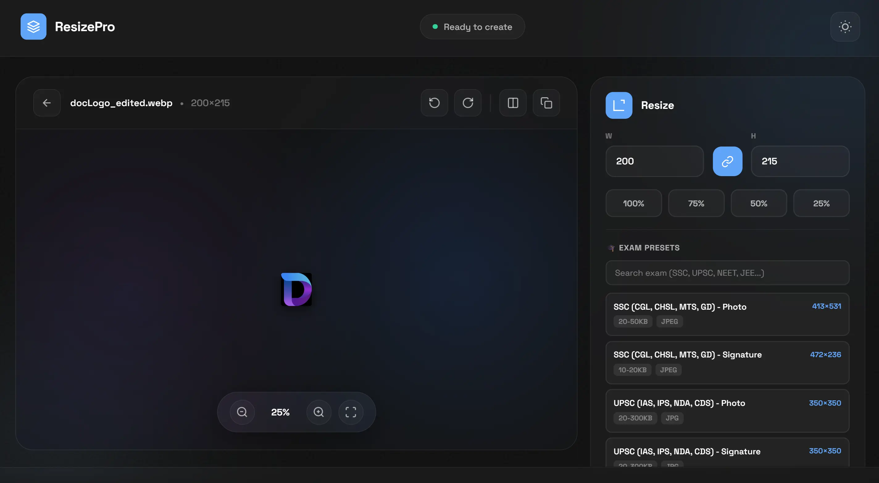 Screenshot of ResizePro Image Studio showing advanced resize controls, exam presets, and quality settings